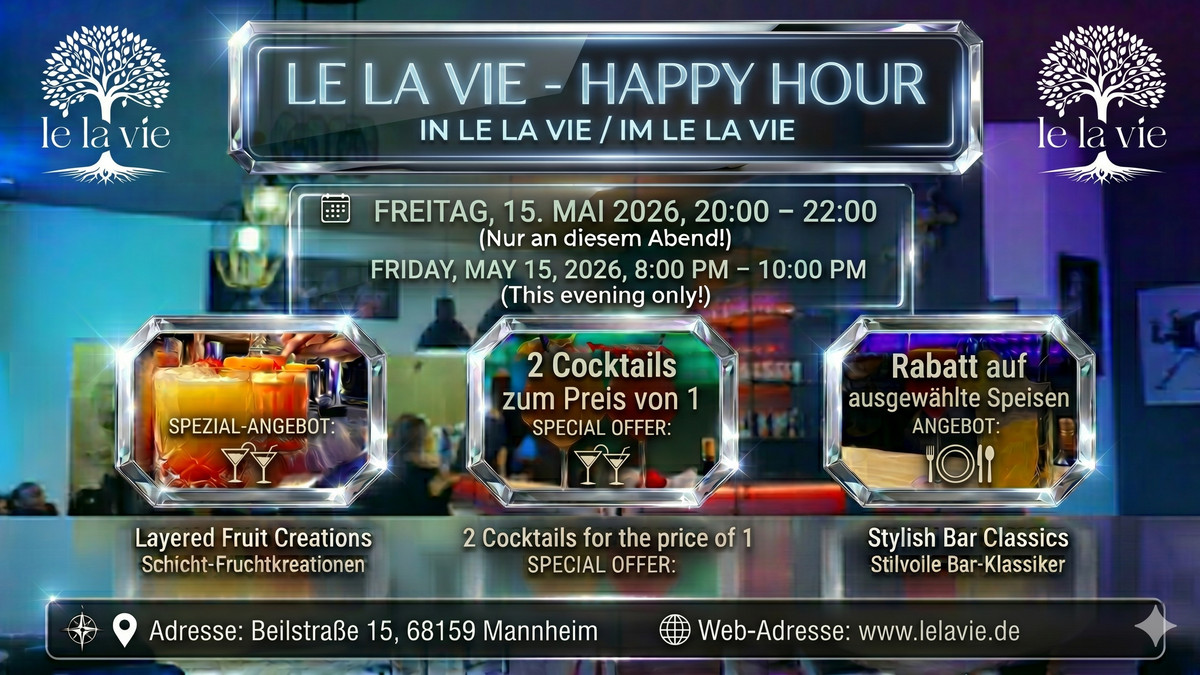thechubbshow's tweet photo. Le La Vie’s one-night-only Happy Hour in Mannheim — Friday, May 15 at 8 PM. Expect 2-for-1 cocktails and specially discounted dishes while the room buzzes with great music and good company.
https://t.co/5WSJJZW6EB #LeLaVie #MannheimNightlife #HappyHour 🍹✨ https://t.co/jIVqzo7Vo3