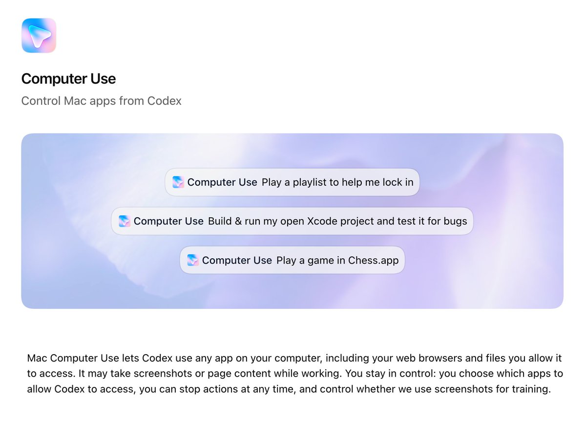 Computer Use 让 Codex 从「编程 Agent」向「通用桌面 Agent」又迈进了一大步!
OpenAI 开发者关系负责人 @romainhuet 和 Codex Computer ...