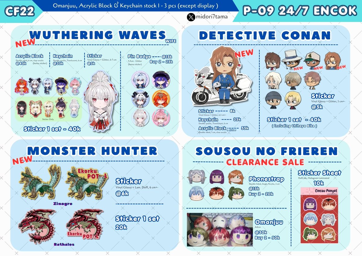 ttehshin's tweet photo. [ 🔁&amp; ♥️are appreciated ] (੭ ˙ᗜ˙)੭
Shin Tea #comifuro22 #cf22 Final Catalogue

📍P-09ab - 24/7 ENCOK
📅16-17 May 2026
🪭Detective Conan , Wuthering Waves , Monster Hunter , Sousou no Frieren -clearance-

I would love to meet you there ~🫶
#comifuro22catalogue  #cf22catalogue https://t.co/9aftCb6Q0E