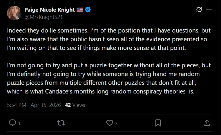 JaxDaggers's tweet photo. @MrsKnight521 @MrsErikaKirk This you? pretending that you use facts and put "puzzles" as you call them together, also now completely ignoring reality to create a fiction for herself and ranting about it to the echo chamber of the far right that is twitter? ok. https://t.co/4eINe3jYWy