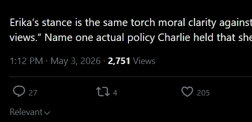 JaxDaggers's tweet photo. @MrsKnight521 @JustTheTweets17 @VickieCouch22 @MrsErikaKirk you got ratioed so fucking hard, even on a far right platform like this one, oof.. that would hit hard if you even knew what anyone was really saying to you. https://t.co/wJlRTm4luJ