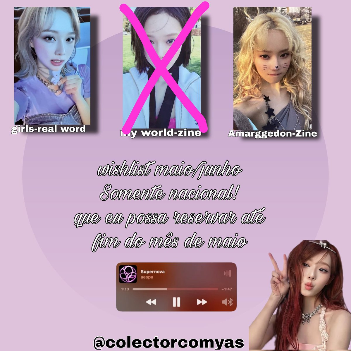 colectorcomyas's tweet photo. PROCURO/COMPRO/COMPRA
*Wishlist-prios de maio/junho*
Winter Aespa
Compro somente nacional!☝🏼☝🏼🇧🇷🇧🇷
Obs: não entro em cegs por enquanto
Procuro esses três cards da imagem 
Que eu possa reservar até fim do mês de maio!
@colectorcomyas https://t.co/RbUB2He4u5