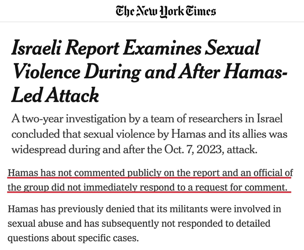 Of COURSE the @nytimes reached out to Hamas for a comment on the report detailing Hamas's weaponization of sexual violence on October 7. https://t.co/9K5uZEhcV6