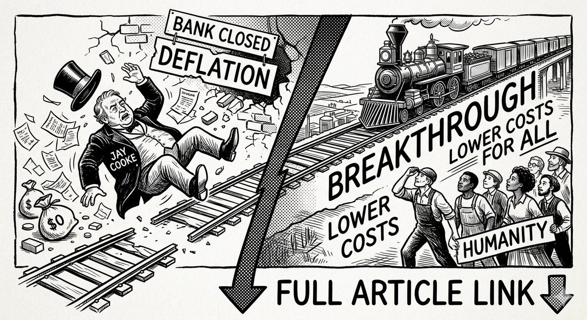 Humanmoatlab's tweet photo. In 1873, the Jay Cooke &amp; Co. bank collapsed after a failed rail project. Yet, 6 years later, that same rail succeeded, drastically lowering living costs.

History shows that before major breakthroughs, deflation find us first.

Full article👇 https://t.co/jy5m36pMO6