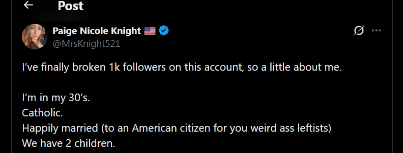 JaxDaggers's tweet photo. @Amydragonfly23 @MrsKnight521 @JustTheTweets17 @VickieCouch22 @MrsErikaKirk Oh I mean one look at her profile gives you a true idea of the kind of person she really is, not afraid to be as low as those she would otherwise attack for doing the same, while defending absolutely pieces of shit as if they were the 2nd coming of christ, she is completely lost. https://t.co/lrKsTx9Wia