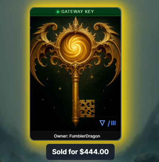 drakariaworld's tweet photo. 🟡🔑 GOLDEN GATEWAY KEY SOLD THE MARKET IS MOVING 🔑🟡

A Golden Gateway Key just moved in the Drakaria Marketplace.

Asset #5893
Primary Keeper: 4Thrille → acquired 4/29/2026
Sold to: FumblerDragon → acquired 5/12/2026
Sale: $444

In Drakaria, provenance matters. A key carries its history. Every keeper becomes part of the bloodline’s story.

With Air Season Age III opening tomorrow and only 148 eggs expected, strategic assets are already moving.

Smart keepers position before the cycle opens.

🧬 58 Unique Genes
🏰 4 Elemental Houses
🐲Every dragon provably 1-of-1 on-chain
🔥 115 quattuorvigintillion+ genetic outcomes

Crafted by Hollywood VFX artists from Game of Thrones & House of the Dragon. Secured by Bitcoin + Ethereum.

Watch the transfers.
Study the market.
Secure your entry.

Enter the Marketplace: https://t.co/5p9NreDIc8

VV
VICIMVS VINCEMVSQVE 👑