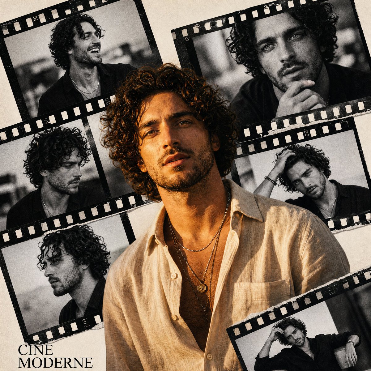 Mind_Boticni's tweet photo. GPT Image 2 on ChatGPT       

Prompt :

Use reference image style. Design a premium portrait poster inspired by retro cinema photography. The composition features multiple torn film-strip frames arranged diagonally, each containing black-and-white expressive portraits of the same curly-haired male model in stylish poses. In front, a sharp high-contrast color portrait dominates the frame, styled with an open linen shirt, layered chains, and dramatic golden-hour lighting. Rich cinematic shadows, textured grain, analog photography feel, luxury fashion editorial mood, artistic collage composition.