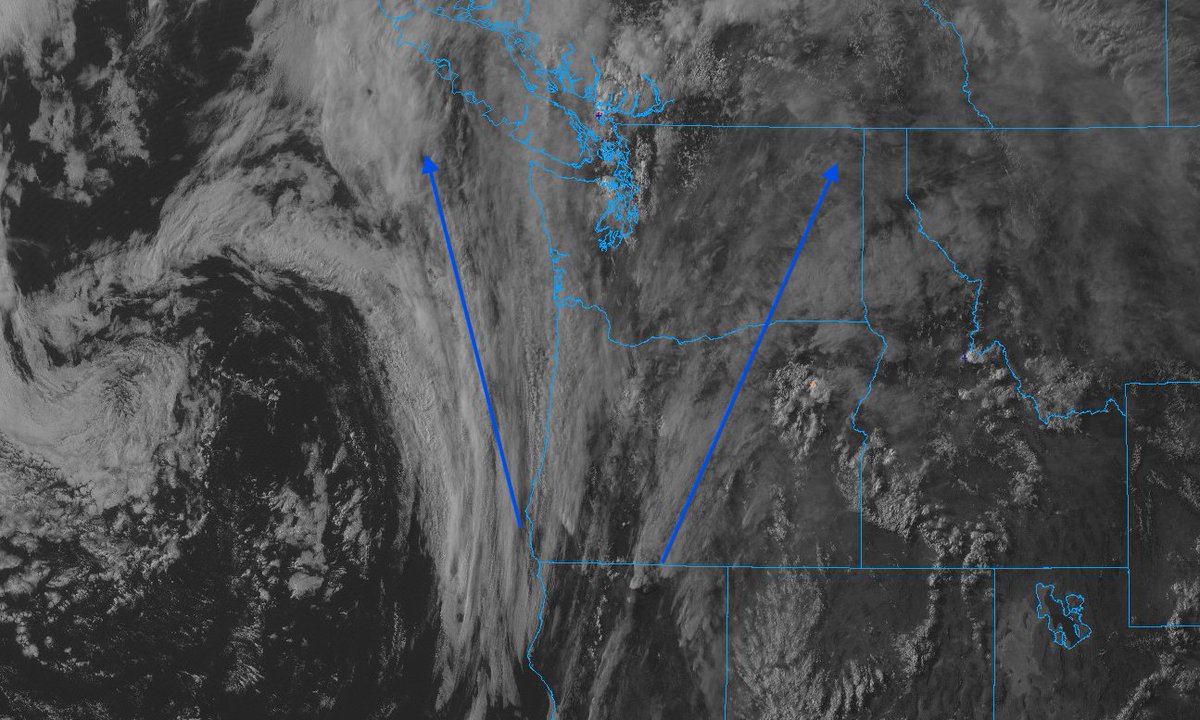 WhidbeyWXGuy's tweet photo. These showers and thunderstorms over NW Washington and the Vancouver, BC area are occurring right where you would expect them. As seen in the satellite image below, the clouds are moving in two different directions away from each other. This is called diffluence, which causes the air to rise in the middle (western WA and SW BC). This rising air helps developing cumulus clouds and storm cells to grow!