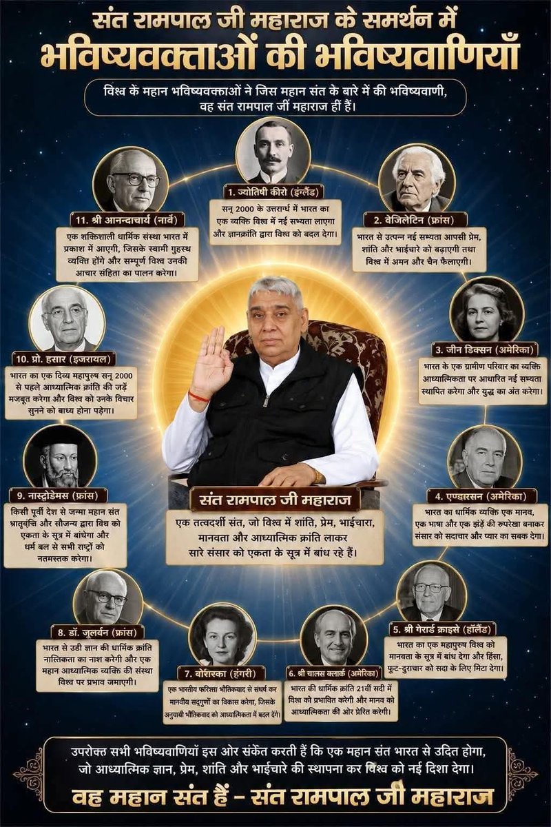HariSin10686252's tweet photo. #GodMorningWednesday
संत रामपाल जी महाराज के समर्थन में
भविष्यवक्ताओं की भविष्यवाणियाँ
विश्व के महान भविष्यवक्ताओं ने जिस महान संत के बारे में की भविष्यवाणी, वह संत रामपाल जी महाराज हीं हैं।
@SaintRampalJiM https://t.co/VauhWD5qSS