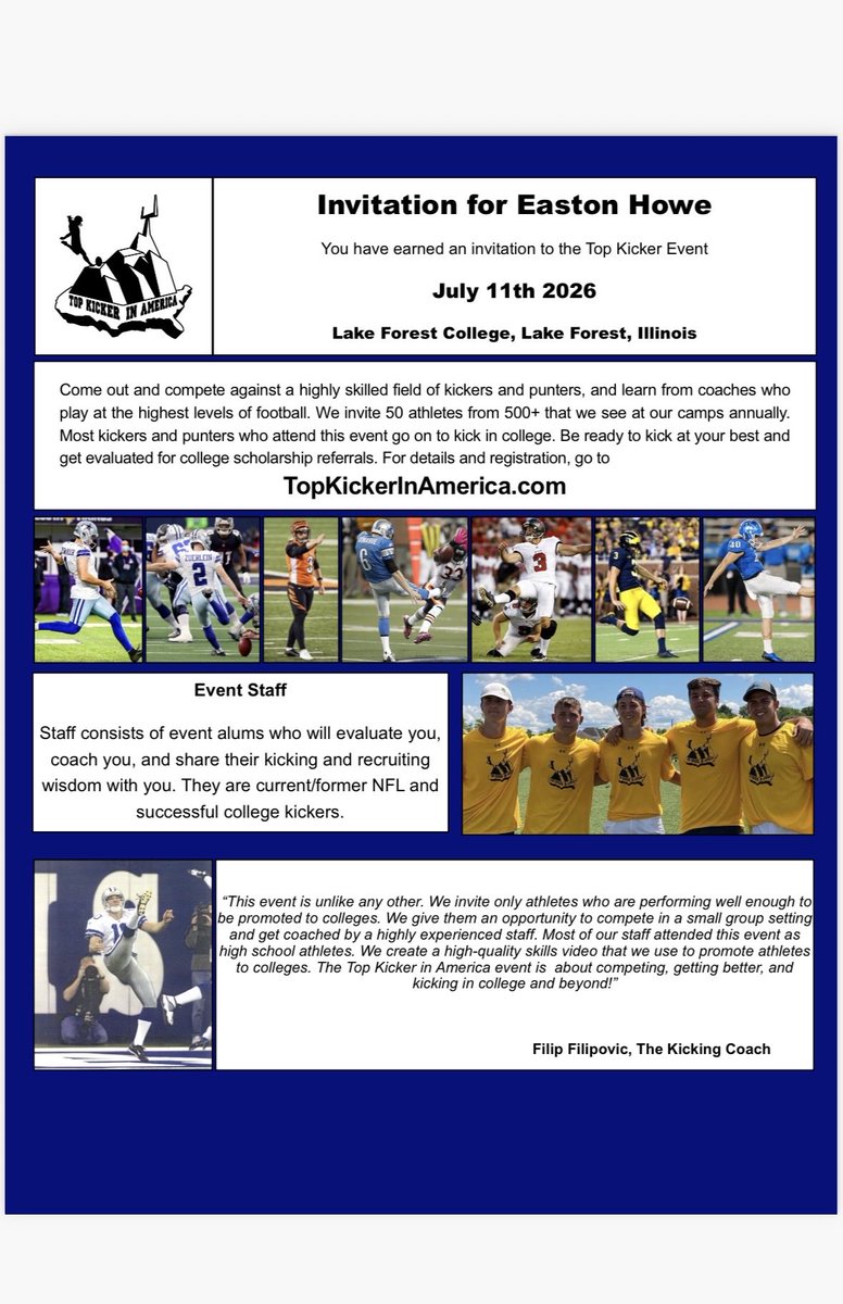 EastonHowe01's tweet photo. Proud to be invited to the Top Kicker event by @thekickingcoach. Thanks for naming me one of the Top Prospects in the ‘27 class. Looking forward to competing in July! https://t.co/u4P9mXH8Vu