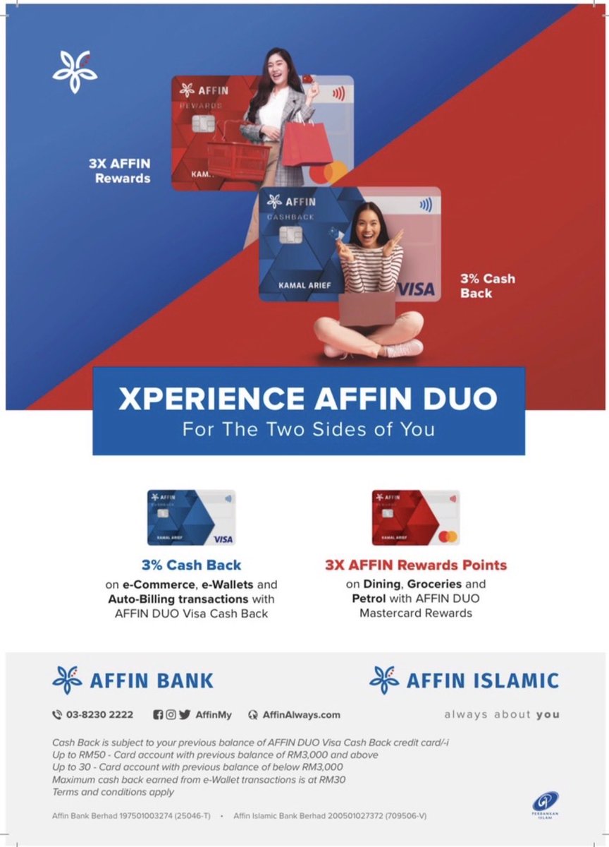 syafiqqq9's tweet photo. Affin Duo Credit Card. Boleh buat balance transfer, EPP, FPP semua ada 0% promo. Siap ada cash back 3%. 

Nak apply boleh klik link ya🤝

https://t.co/Xc7DlCV066 https://t.co/p67imGfene