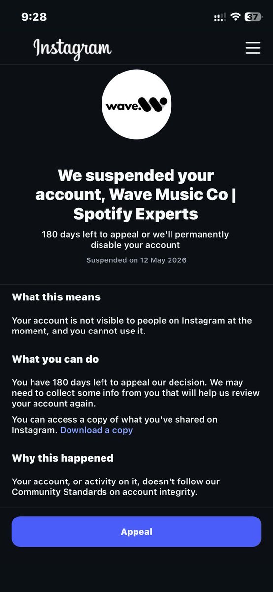 samstarmusix's tweet photo. @instagram @finkd @Meta My legitimate business account was suspended May 12 with zero warning. I pay for Meta Verified for “priority support” yet KYC loops 50+ times, chat errors, support limit reached. No human response. What am I paying for? Really Disappointed 🤬 #meta https://t.co/DQQSdZ1NqE