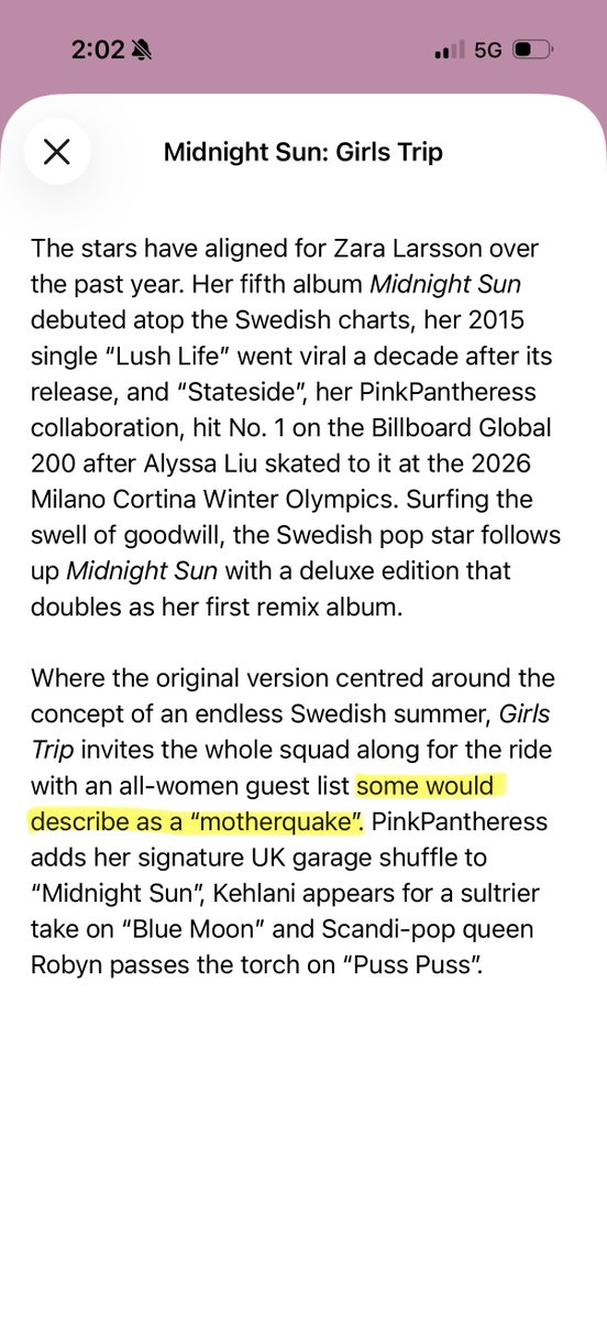 bopo16's tweet photo. Obsessed with this otherwise super normal write up from Apple Music containing the line “some would describe as a ‘motherquake’” https://t.co/jOVrxP54m6