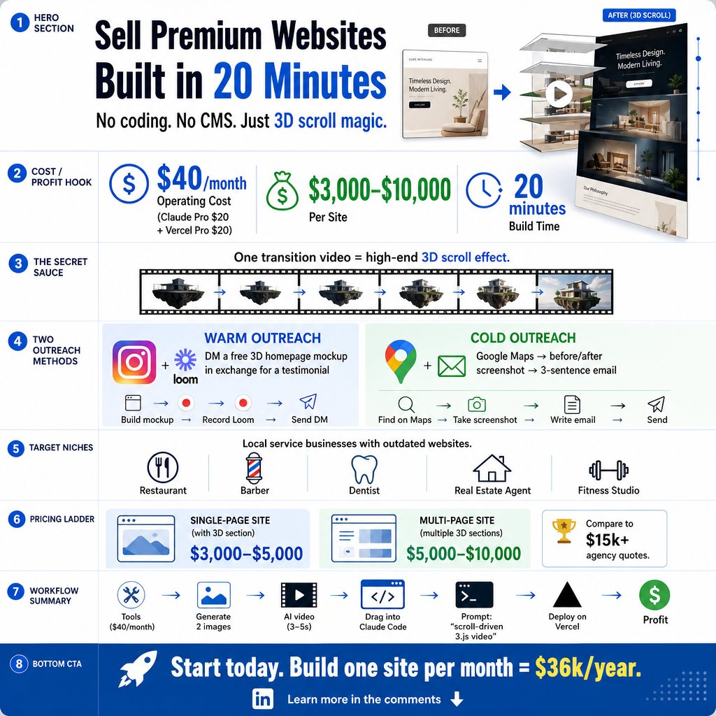 kidquick360's tweet photo. What if you could build a $10,000 website in 20 minutes and sell it to a local business within 48 hours?

Here's what blew my mind: the whole process costs $40 a month to run, but one client pays $3,000 to $10,000. The math changes everything.

I tested this with two tools. Claude Code with a $20 Pro subscription plus Nano Banana 2 from Google AI Studio. Setup takes 30 seconds. My total monthly overhead is $40.

The core trick is generating two images. An assembled product photo at 2K resolution and an exploded view with parts floating apart. Use a reference photo in Nano Banana 2 to keep them consistent. Cost per pair is $0 on the free tier.

Take both images into Killing 3.0. Set the first as start frame, second as end frame. The AI creates a 3-5 second transition video. That video becomes the foundation of a 3D scroll effect. When a user scrolls down, the video plays forward. Scroll up, it reverses.

Drop that video into Claude Code with a simple prompt: build a scroll-driven frame animation website using three.js. First version won't be perfect. Mine had wrong scroll speed and a hospital-waiting-room background. Three prompts fixed it in 8 minutes.

Deploy to Vercel in 60 seconds. Pro plan is $20 a month. Total monthly cost to run the service is $40. Revenue per site starts at $3,000.

The outreach strategy is counterintuitive. Do not pitch a website. Build their homepage first. Use their logo, colors, and product photos. Record a 30-second Loom comparing their current site to your version. Send a DM: "I rebuilt your homepage. Here's what it looks like. It's yours for free—I just want a testimonial."

Cold outreach works with Google Maps. Find 50 businesses with dated websites. Screenshot their current site. Build a quick mock-up. Send a three-sentence email with side-by-side comparison. Personalized cold emails get 10.5% response rate. At 50 emails, that's five responses. One yes is all you need.

Pricing is $5,000 for a single-page landing site, up to $10,000 for multi-page with multiple 3D sections. Anchor that to agency pricing of $5,000–$15,000 for the same visual quality delivered in weeks. You deliver in days.

Be honest about limits. No CMS, no blog, no e-commerce checkout. These are beautiful static sites. Pitch to restaurants, dental offices, real estate agents, fitness studios—service businesses that need a premium front door.

The most impressive part? One client per month at $3,000 gives you $36,000 a year from a side project taking 30 minutes per build. Three clients a month at $5,000 each exceeds a junior developer salary. Five clients hits $300,000 annually. The bottleneck is not building. It's sending 20 outreach messages.