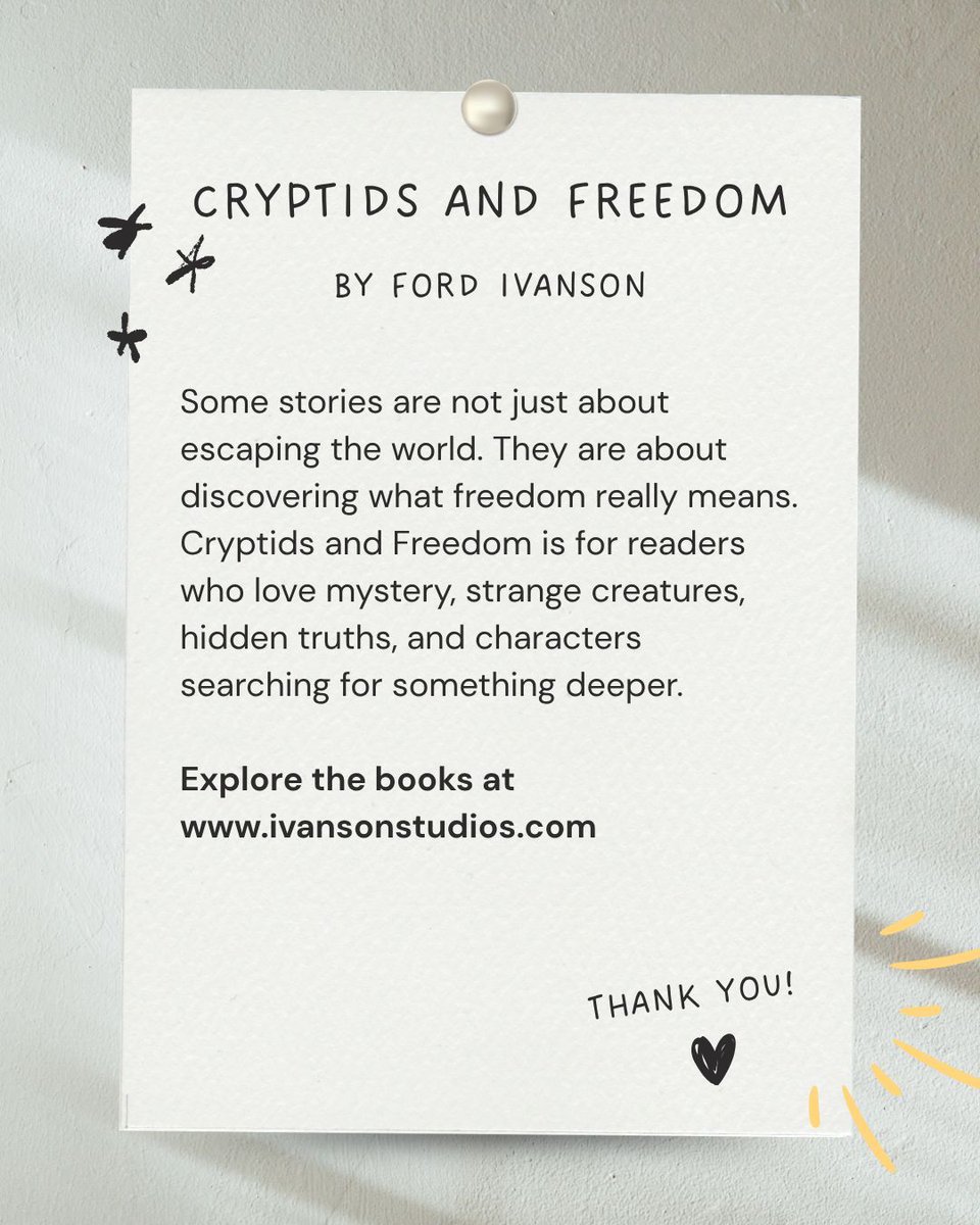 IvansonStudios's tweet photo. Cryptids and Freedom is for readers who love mystery, strange creatures, hidden truths, and characters searching for something deeper.

Explore the books at https://t.co/fqXW15Zlpv

#IvansonStudios #BookSpotlight #CryptidsAndFreedom #MysteryBooks #IndieAuthor #BookLovers https://t.co/uO6ro8JKu7