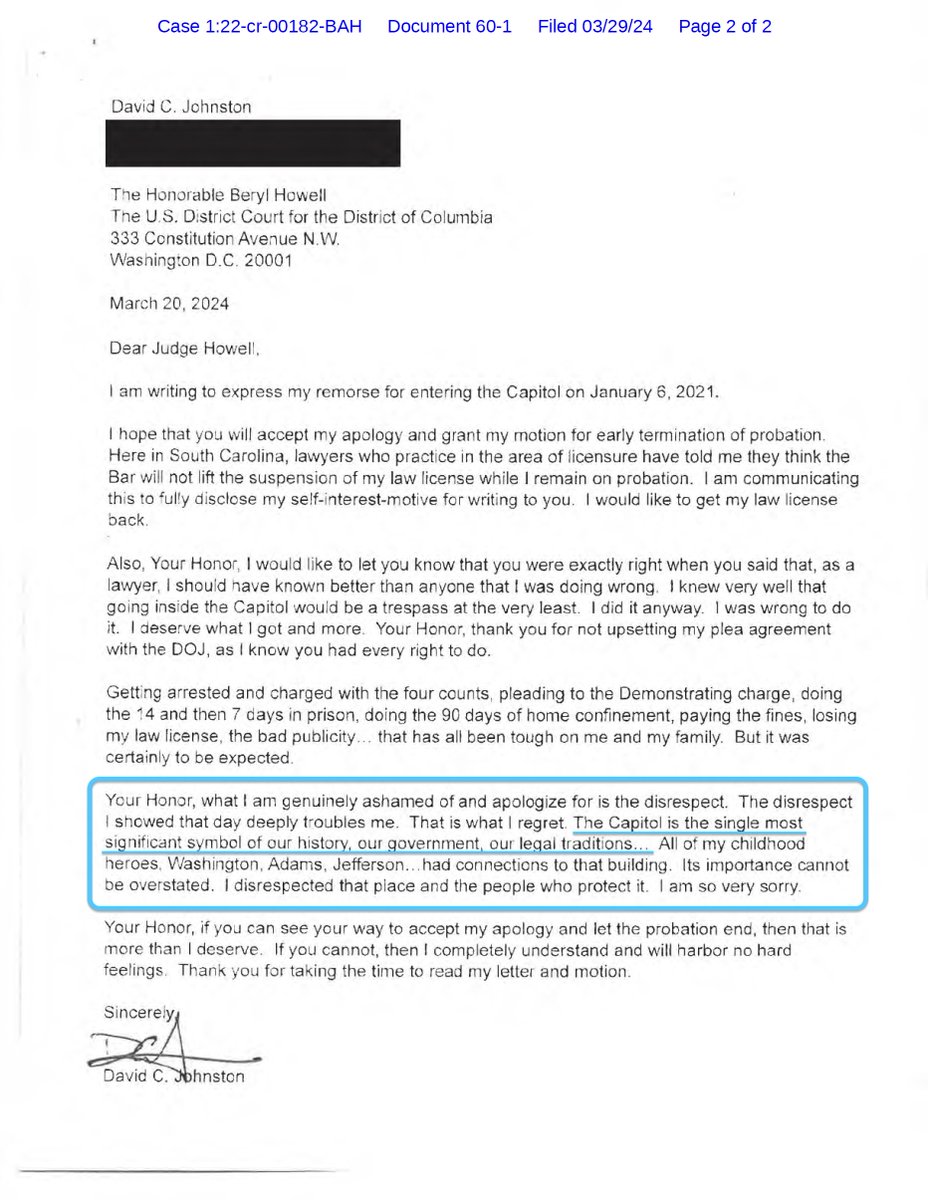 CoryCullington's tweet photo. When J6er David Johnston wanted his probation terminated early, he was "genuinely ashamed" and wrote to Judge Howell that the Capitol "is the single most significant symbol of our history of government..."

But now that he's been pardoned, "...it's just another public building." https://t.co/Jupy011z6F