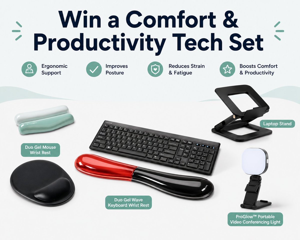 whatsyourtech's tweet photo. WIN the Ultimate Productivity &amp; Comfort Tech Set designed to boost focus, posture, and on‑camera confidence. Perfect for #remoteworkers, #hybrid teams, #students, and anyone serious about their desk setup. #techforgood #contests #giveaway https://t.co/kr8RGV6STH https://t.co/qb8k4TXt3u