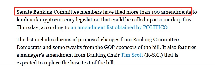 WuBlockchain's tweet photo. U.S. Senate Banking Committee Receives Over 100 Amendments to Crypto Market Structure Bill

According to Politico, ahead of the U.S. Senate Banking Committee’s markup vote on the crypto market structure bill, the CLARITY Act, committee members have submitted more than 100 amendments. 

Crypto journalist Eleanor Terrett disclosed that Senator Elizabeth Warren alone submitted over 40 amendments, including one aimed at preventing the Federal Reserve from granting master accounts to crypto companies. Senator Jack Reed proposed explicitly banning cryptocurrencies from being used as legal tender, including prohibiting tax payments in crypto assets. https://t.co/9feHYLKncc