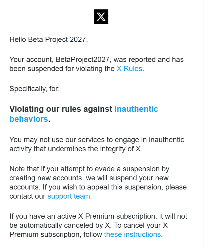 BetaProject2027's tweet photo. On Apr 4, I was suspended by @X for "inauthentic behavior" with zero explanation. Two hours later my appeal was permanently closed.

Today, the account was silently restored — no notice, no apology.

This is why I'm moving to Nostr. 

@elonmusk Transparency isn't optional. GFY. https://t.co/x8HHRgg3Wi