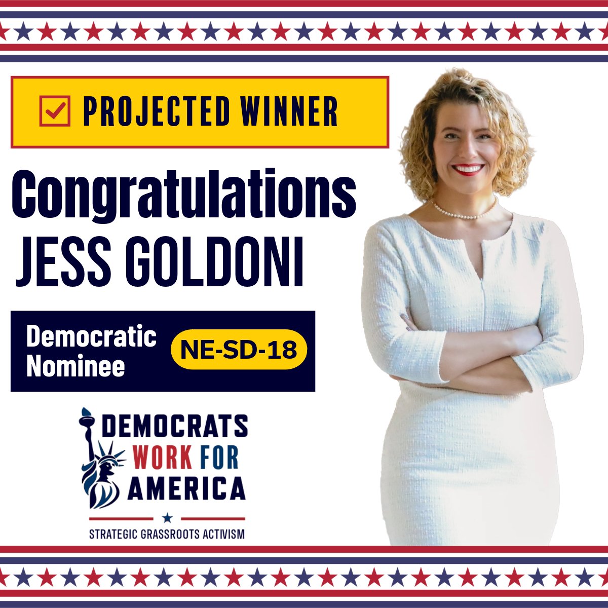 DemsWork4USA's tweet photo. Congratulations JESS GOLDONI on winning the Nebraska #LD18 Primary for the Nebraska State Legislature. On to November! https://t.co/0h21J3mTnD