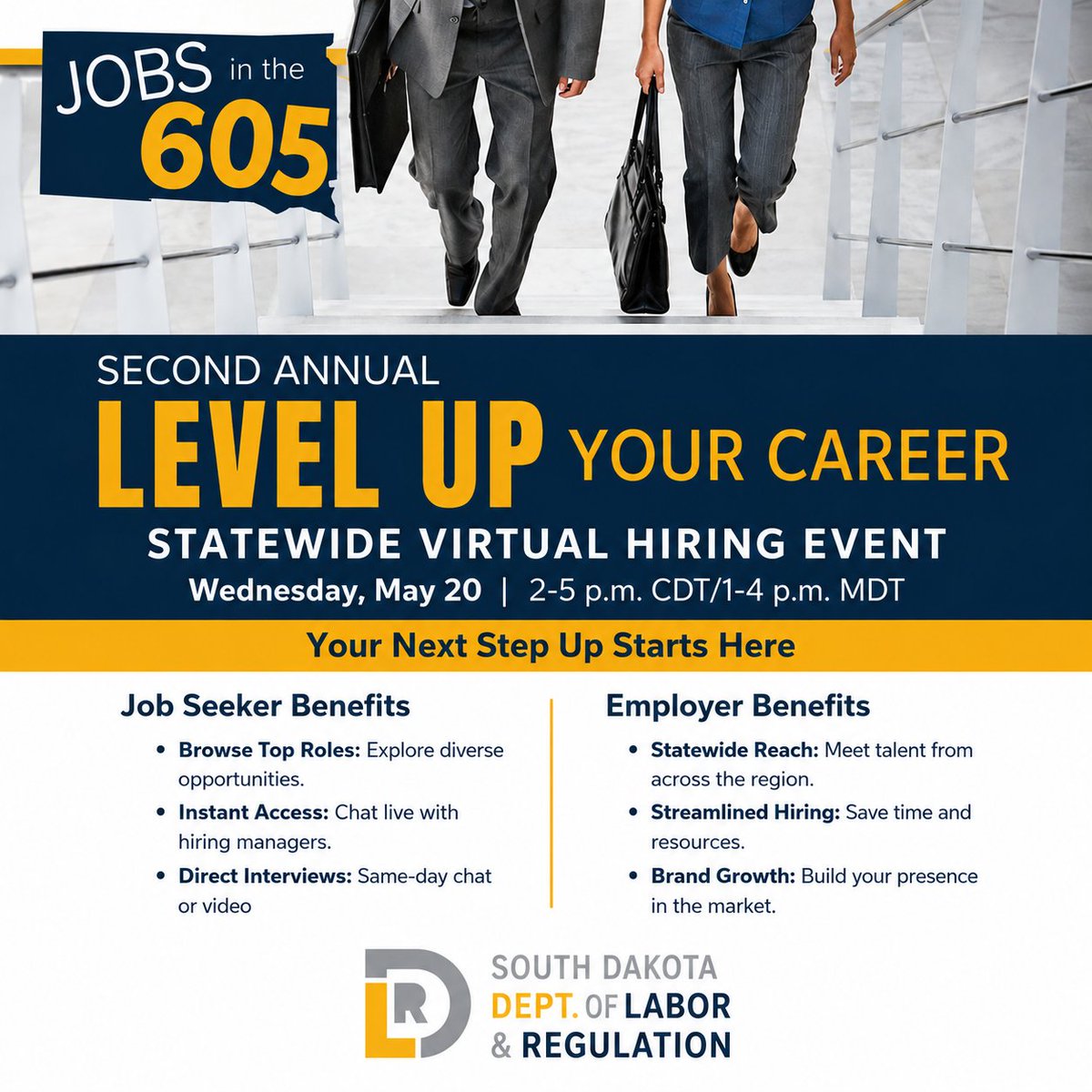 SoDakMTS's tweet photo. 🚀 Elevate your career at the Jobs in the 605 Virtual Hiring Event! Join us May 20, 2–5 CDT for free access: p.m.. Register: https://t.co/jartCTRFjS #CareerBoost #VirtualJobFair https://t.co/d76wUhFWGZ