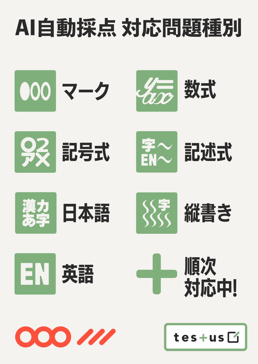 microsim_jp's tweet photo. ✏機能紹介✏

⭕️AI自動採点⭕️
testusでは、記述式や縦書き、数式を含めた、幅広い手書き解答の採点が可能です。

5/15(金)まで開催中のEDIX東京では、自動採点のデモも実施中！
ブースに来ていただけた方には、有料プランの3ヶ月無料体験をお試しいただけます✅

#EDIXで会いましょう https://t.co/nJyOKlejpT