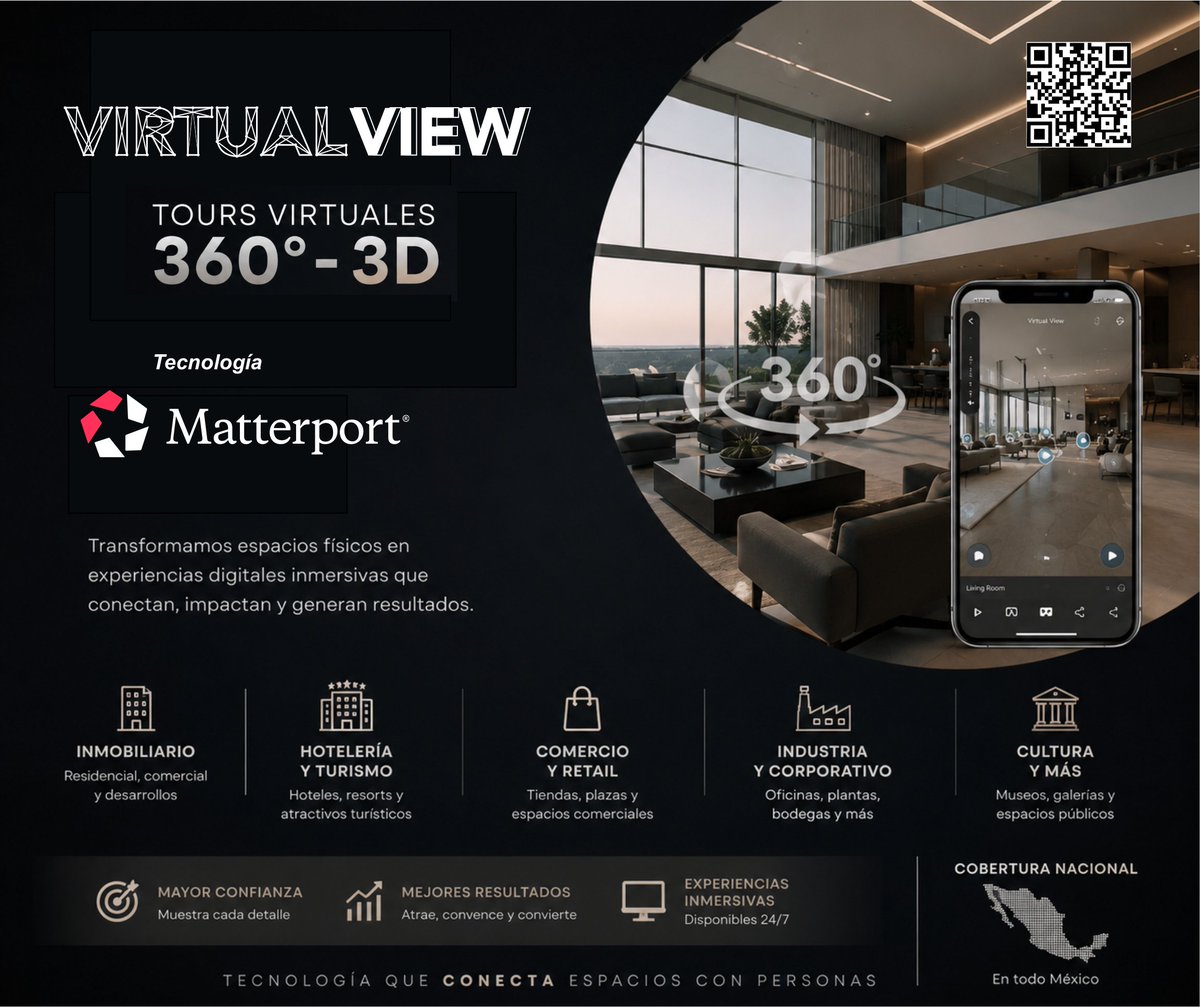 Virtualviewmx's tweet photo. • Bienvenidos a Virtual View  Tours Virtuales 360° - 3D con tecnología Matterport para empresas, inmobiliarias, hotelería, comercio, industria y turismo en México.  
Transformamos espacios en experiencias digitales inmersivas. 
 #ToursVirtuales #Matterport #Tour360 #Mexico https://t.co/FJ782VOwkS
