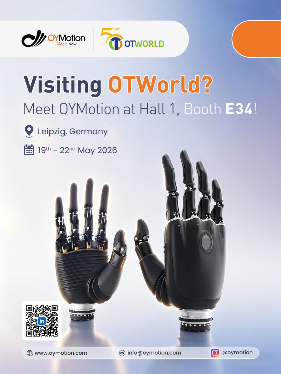 rohandoymotion's tweet photo. 🚀 We’re heading to #OTWorld2026 in Leipzig!

Meet the new OHand 🦾
⚡ 6 motors
⚡ Quick Disconnect Wrist
⚡ New EMG sensors
📍 Hall 1 - Booth E34
And yes… something exciting for legs is coming 👀
#OYMotion #Prosthetics #Innovation https://t.co/V585t7MrwH