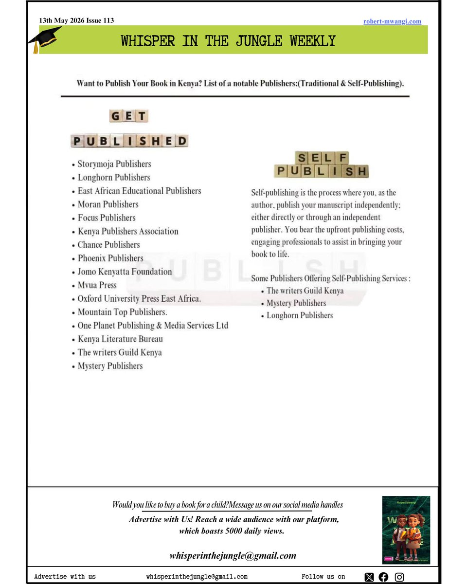 WhisperJungle's tweet photo. How to succeed as a writer in Kenya.Are you a writer, poet, or book lover in Kenya?Here is your Weekly Newsletter.Join our community of passionate readers, writers, and poets as we explore the world of words.
#whisperinthejungle https://t.co/kNTvjiC8Mp