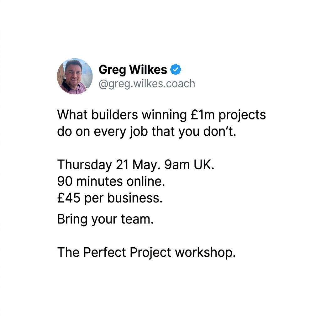 developcoaching's tweet photo. Thursday 21 May, 9am UK. Perfect Project workshop. £45, 90 minutes, the whole three-phase blueprint £1m builders run on every job.

Plan. Deliver. Hand over.

https://t.co/Pd1BOybJfE https://t.co/sJ4Ew9g5mb