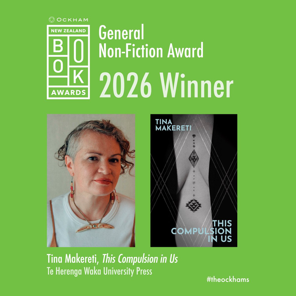 theockhams's tweet photo. Whakamihi Tina Makereti (Te Ātiawa, Ngāti Tūwharetoa, Ngāti Rangatahi-Matakore, Pākehā) winner of the Ockhams General Non-Fiction Award 2026! @thwupbooks  #theockhams https://t.co/ShrjZyVAv9