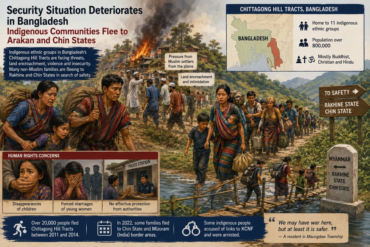 ArakanBaynews's tweet photo. Security Situation Deteriorates in Bangladesh as Indigenous Communities Flee to Arakan and Chin States

AB News – May 13, 2026

As the security situation worsens in Bangladesh’s Chittagong Hill Tracts, non-Muslim indigenous communities are reportedly fleeing to Rakhine State and Chin State due to threats, intimidation, and pressure from Muslim settlers who migrated from Bangladesh’s lowland regions, according to a report published by The Diplomat on May 12.

The report stated that more than 800,000 people from 11 indigenous ethnic groups live in the Chittagong Hill Tracts region, most of whom practice Buddhism, Christianity, or Hinduism.

Local indigenous communities have reportedly faced years of land confiscation, encroachment, insecurity, and intimidation, while receiving little effective protection from Bangladeshi authorities.

U Htwe Sein Maung from Lama village in Bandarban District said his family relocated to Rakhine State in 2014 after their farmland was seized and their rice fields were burned.

“They trespassed into our farmland and set fire to our paddy fields. We were no longer allowed to cultivate our land. Even when we reported it to the police, no action was taken,” he said.

Alongside U Htwe Sein Maung’s family, 16 other households reportedly sold their properties and moved to Maungdaw Township.

Another resident now living in Maungdaw Township, U Maung Kyaw San, said, “There may be war here, but at least it is safer,” adding that they now survive through daily wage labor.

Residents also claimed that child disappearances and forced marriages involving young women have become increasingly common in the Chittagong Hill Tracts.

Daw Thanu Sein from Rangamati District said several girls, including her 16-year-old niece, disappeared and were later reportedly forced into marriages with Muslim men.

The report also noted that in 2022, some families from the Chittagong Hill Tracts fled toward border areas in Chin State and Mizoram.

According to local residents, Bangladeshi authorities have also arrested some indigenous people after accusing them of links to the Kuki Chin National Front.

Ethnic communities in the Chittagong Hill Tracts continue to face land disputes, armed conflict, and insecurity, prompting increasing numbers of people to relocate to Rakhine and Chin states in search of safety.

According to The Diplomat report titled “Ethnic Groups Are Fleeing Bangladesh’s Chittagong Hill Tracts in Search of Safety in Myanmar”, more than 20,000 people fled the Chittagong Hill Tracts between 2011 and 2014.

https://t.co/1Nhnsoabg5