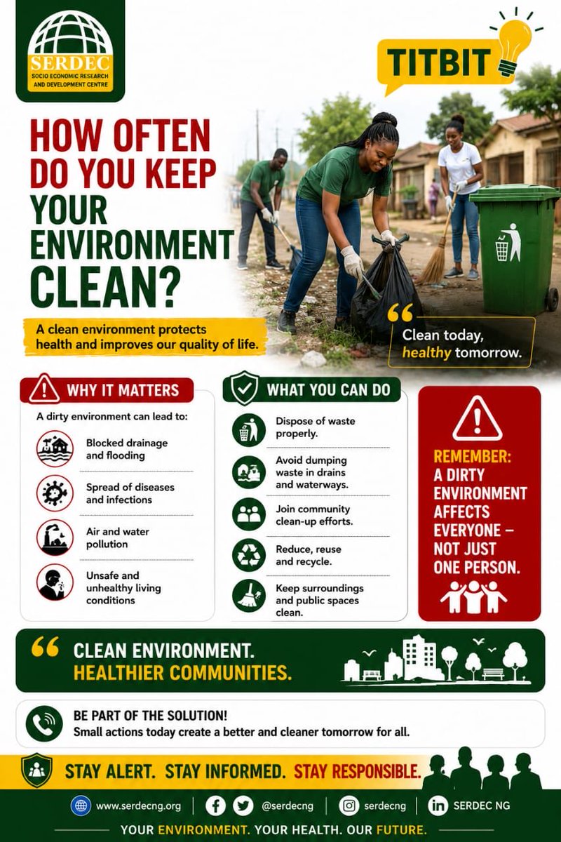 serdecnig's tweet photo. Keeping our environment clean is everyone’s responsibility. Simple actions like proper waste disposal and maintaining clean surroundings help prevent flooding, reduce pollution, and protect public health.

A clean environment today means a healthier tomorrow.

#CleanEnvironment https://t.co/YhhWGGitu8