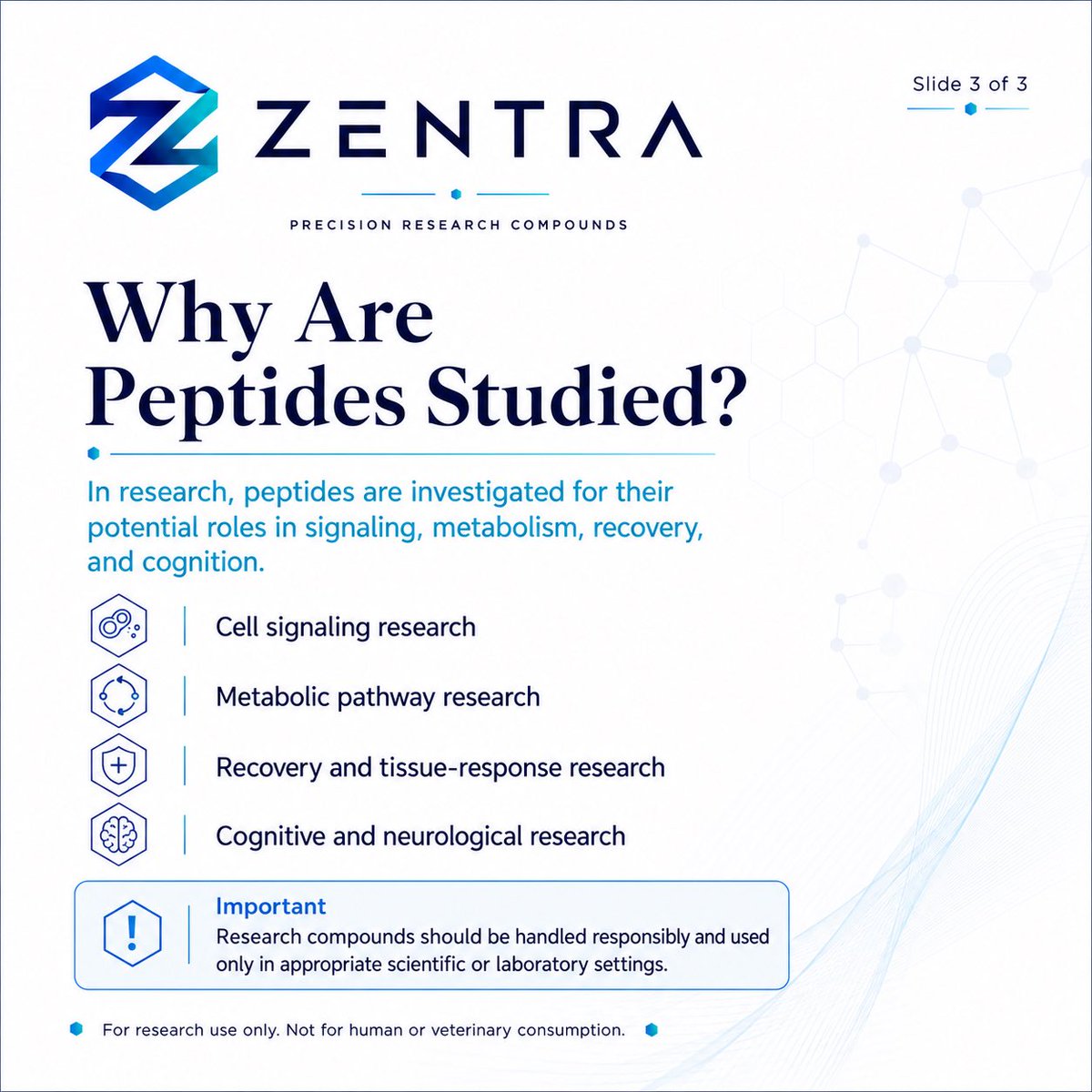 ZentraPeptides's tweet photo. 🧬 What are peptides?

Peptides are short chains of amino acids studied in scientific and laboratory research for their interaction with biological pathways, receptors and cellular signalling.

🌐 https://t.co/AkllbygTDm

For research use only https://t.co/k1SDhcYNHi