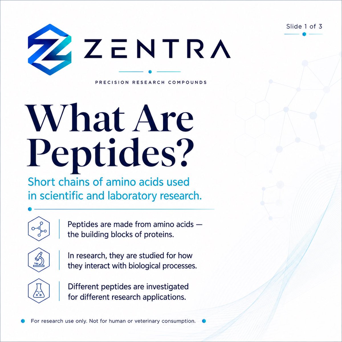 ZentraPeptides's tweet photo. 🧬 What are peptides?

Peptides are short chains of amino acids studied in scientific and laboratory research for their interaction with biological pathways, receptors and cellular signalling.

🌐 https://t.co/AkllbygTDm

For research use only https://t.co/k1SDhcYNHi