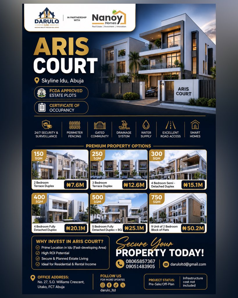 Darulo_ltd's tweet photo. PROPERTY UPDATE

DARULO LTD. 
Aris Court, Skyline Idu.

PRICE FOR LAND 

AVAILABLE PLOTS SIZES. https://t.co/qxtnktAj3c