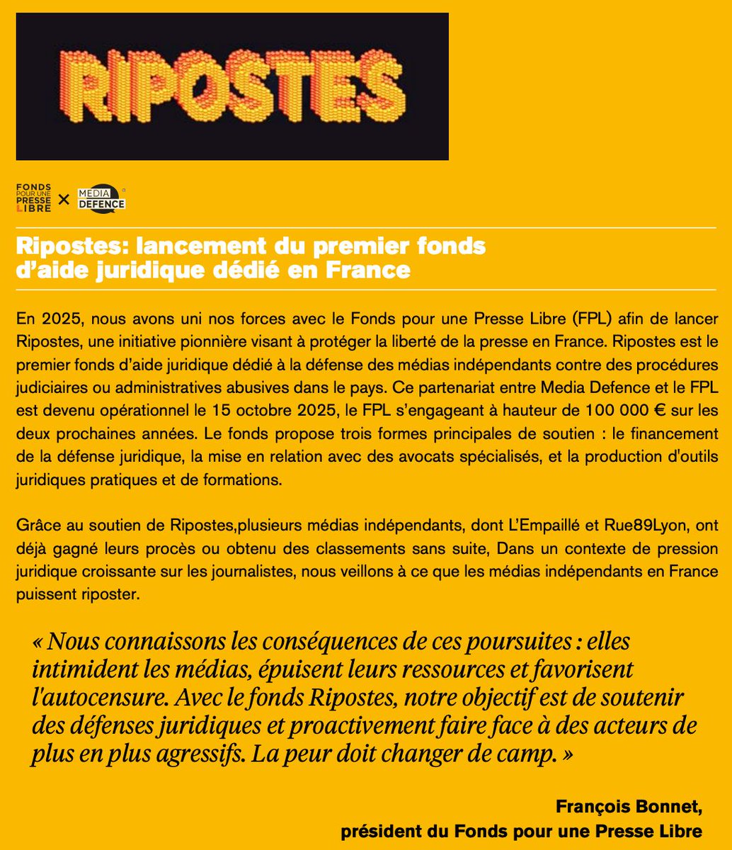 Fondspresslibre's tweet photo. @mediadefence a publié son Rapport d'Impact 2025, où il est question du fonds « Ripostes », créé avec le FPL en octobre 2025 : « Dans un contexte de pression juridique croissante sur les journalistes, nous veillons à ce que les médias indépendants en France puissent riposter ». https://t.co/23WE9Me67X