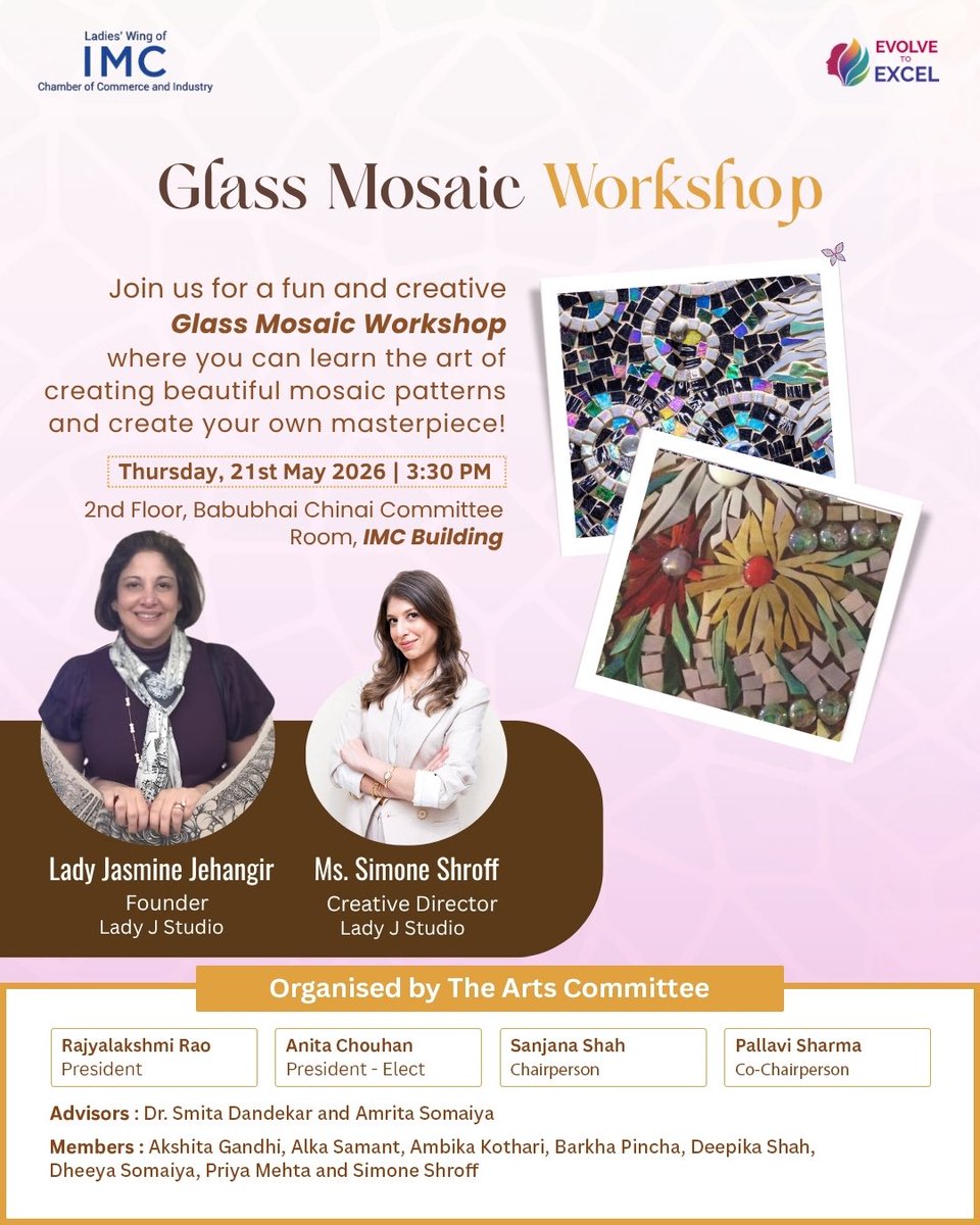 IMCLadiesWing's tweet photo. Every work of art is a conversation between imagination and emotion.

Step into the world of colour, texture, and creativity at the Glass Mosaic Workshop with Lady Jasmine Jehangir, Founder of Lady J Studio, and Ms. Simone Shroff, Creative Director of Lady J Studio. https://t.co/kTdk3UPQCd