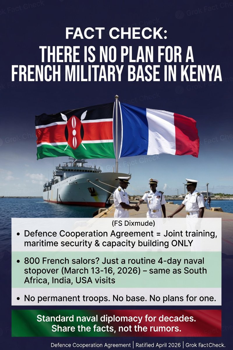 IanECox's tweet photo. Fact Check: There Is No French Military Base in Kenya, And No Plans for One

Rumors have been swirling on X, Kenyan social media, and talk shows: France is secretly building a "military base" in Mombasa. Opposition voices and analysts claim the new Defence Cooperation Agreement (DCA) is a backdoor for thousands of French troops with full immunity, turning Kenya into Paris's "Plan B" after the Sahel fallout. Some even tie it to the recent Africa-France Summit in Nairobi (May 11-12, 2026).

This is not true. There is no French base agreement. There is no permanent base. There are no plans for one. Here's the clear, documented reality based on official records, parliamentary statements, and on-the-ground reporting.

The Defence Cooperation Agreement Is Exactly What It Says: Cooperation, Not a Base
Kenya and France signed the DCA in October 2025. Kenya's National Assembly ratified it unanimously on April 8, 2026. It is a standard 5-year bilateral framework (automatically renewable once, for a maximum of 10 years) covering:
- Joint military training and exercises
- Maritime security in the Indian Ocean
- Intelligence sharing
- Peacekeeping support
- Humanitarian and disaster response

Official Kenyan government memoranda and statements describe it as a way to "enhance Kenya's defence capacity through access to French training, technology, and expertise." It is explicitly about visiting forces and capacity-building – not leasing land, building facilities, or stationing a permanent garrison.

A senior Kenyan defence official put it plainly: "A defence cooperation agreement does not mean that French forces deployed to Kenya will be in the country permanently." No parliamentary motion, no joint communiqué, and no official document from either side mentions a base, long-term troop stationing, or territorial arrangements.

The "800 French Troops in Mombasa" Was a Routine 4-Day Naval Stopover, Not an Occupation
Yes, around 800 French personnel arrived in mid-March 2026. But they were not troops moving in. They were sailors, officer cadets, and a small tactical group aboard the amphibious assault ship FS Dixmude and frigate FS Aconit – part of the French Navy's annual Jeanne d'Arc 2026 five-month training deployment across the Indian and Pacific Oceans.

- They docked in Mombasa for exactly four days (March 13–16, 2026).
- Activities: resupply (bunkering), crew rest, and joint maritime drills with the Kenya Navy.
- They sailed on afterward as scheduled.

This is textbook naval diplomacy. The French Embassy described it openly as a stopover for "freedom of navigation" and regional maritime security (including support for EU Atalanta anti-piracy efforts). Photos and videos of the warships in port circulated at the time – nothing secret.

Mombasa sees this constantly:
- South African Navy (SAS Amatola, April 2026)
- Indian Navy (INS Trikand, April 2026)
- Regular US Navy visits
- Chinese, Spanish, and other partners

These are not "bases." They are port calls for training, goodwill, and logistics – exactly what Kenya has hosted for decades.

The "France Is Pushing for a Permanent Presence" Claim Is Unverified Hype
Al Jazeera (May 11, 2026) reported unnamed "sources in parliament" saying France has been "pushing to add a permanent troop presence." That's it – anonymous sourcing. No names, no documents, no timeline.

Kenyan officials have directly pushed back against any such interpretation. France already maintains its main African hub in Djibouti (1,500–2,000 troops). There is zero strategic or public indication they need or are planning a duplicate setup in Kenya. The post-ratification training personnel (~600 mentioned in some reports) are for ongoing exercises under the DCA – rotational, not permanent.

Where the Rumors Actually Come From
The "base" narrative exploded from:
- Political opposition and analysts (e.g., Ikua wa Mbote on TV47) framing the DCA as neo-colonialism.
- Legitimate concerns about the agreement's immunity provisions (France has primary jurisdiction over on-duty offenses by its personnel – similar to the long-running BATUK issues with the British).
- Timing: The March port call happened just before ratification, and the May summit with Macron and President Ruto put everything in the spotlight.

These are real sovereignty debates worth having. Kenya already hosts UK training facilities and US arrangements. But turning a cooperation pact and a four-day naval visit into "France's new base" is exaggeration, not evidence.

Bottom Line
There is a Defence Cooperation Agreement. There was a normal naval training stopover. There are ongoing training partnerships.  
There is no base. There is no agreement for a base. There are no public or confirmed plans for a base.

Kenya is diversifying its security partnerships in a volatile region – that's pragmatic policy, not a sovereignty sell-out. Spreading unverified "base" claims doesn't strengthen Kenya's position; it just fuels unnecessary panic. The facts are public, the documents are online, and the port logs don't lie.

If new evidence emerges of actual base plans, it should be debated openly. Until then, this is standard international military diplomacy – nothing more, nothing less.