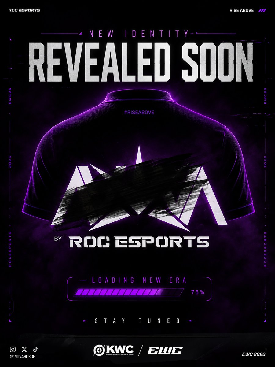 novahokgg's tweet photo. New Identity Revealed Soon
A new identity is on the way.
New jersey.
New logo.
New chapter.
The same team you know,
now stepping forward with a brand-new look.
Loading a new era… ⏳ 75%
Stay tuned. 💜
#NovaByROC #NewIdentity #RevealedSoon #RiseAbove #EWC2026 #HonorOfKings https://t.co/hgY2AjiCFU