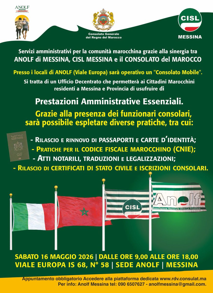 CislMessina's tweet photo. 📍Messina: arriva il “Consolato Mobile” del Marocco. Servizi amministrativi per la comunità marocchina grazie alla sinergia tra Anolf di Messina, Cisl Messina e il Consolato del Marocco

👉 https://t.co/8T1PWjcipB https://t.co/XgEYjxVYvl