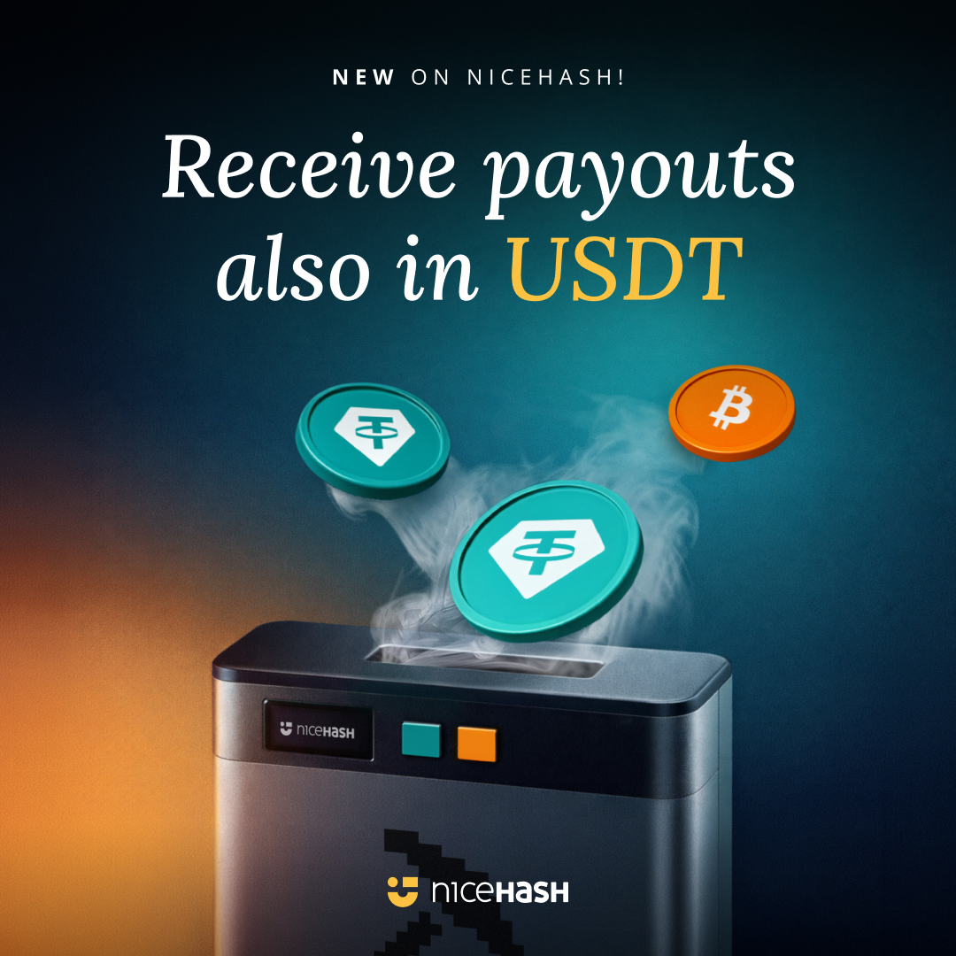 NiceHashMining's tweet photo. 📢New on NiceHash: Receive mining payouts in USDT

A fully independent USDT hashrate marketplace - real price discovery, independent order books.

Currently available for SHA256AsicBoost miners.
Same NiceHash. Same premiums. 
Split your hashrate or go full USDT - your call.

Connect your miners ➡️ https://t.co/kgGGXoJNgI