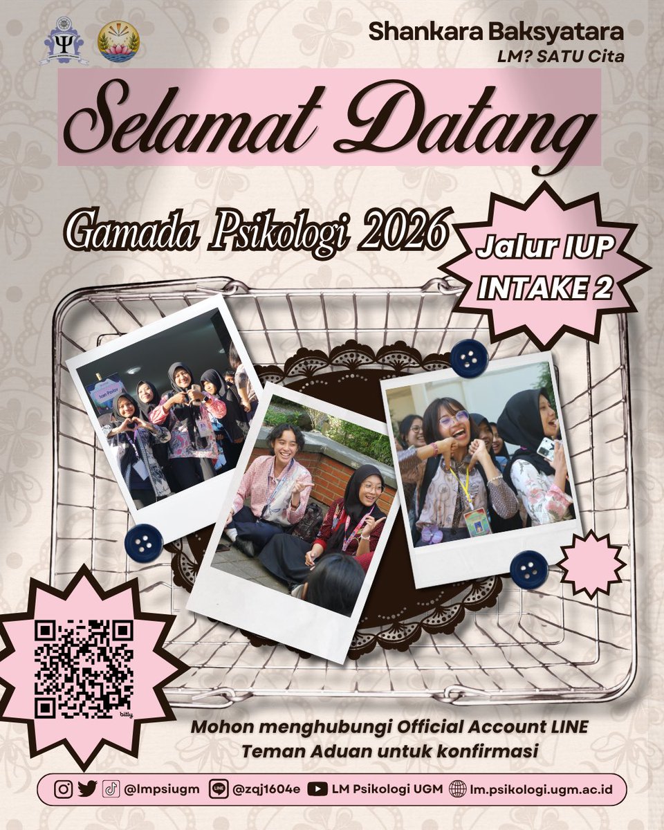 lmpsiugm's tweet photo. [SELAMAT DATANG]

Selamat kepada teman-teman yang lolos melalui jalur IUP Intake 2 tahun 2026 dan berhasil bergabung menjadi bagian dari keluarga besar Fakultas Psikologi UGM! https://t.co/Caahmup2qp