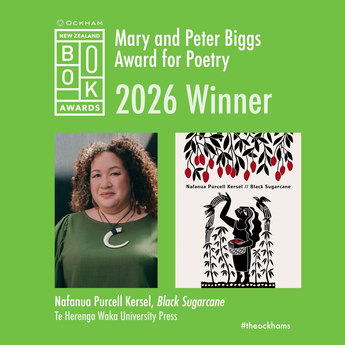 theockhams's tweet photo. Let's hear it for Nafanua Purcell Kersel (Satupa‘itea, Faleālupo, Aleipata, Tuaefu), poet, performer and winner of the Ockhams 2026 Mary and Peter Biggs Award for Poetry - her first collection! @thwupbooks #theockhams https://t.co/3pf59NzJ7l