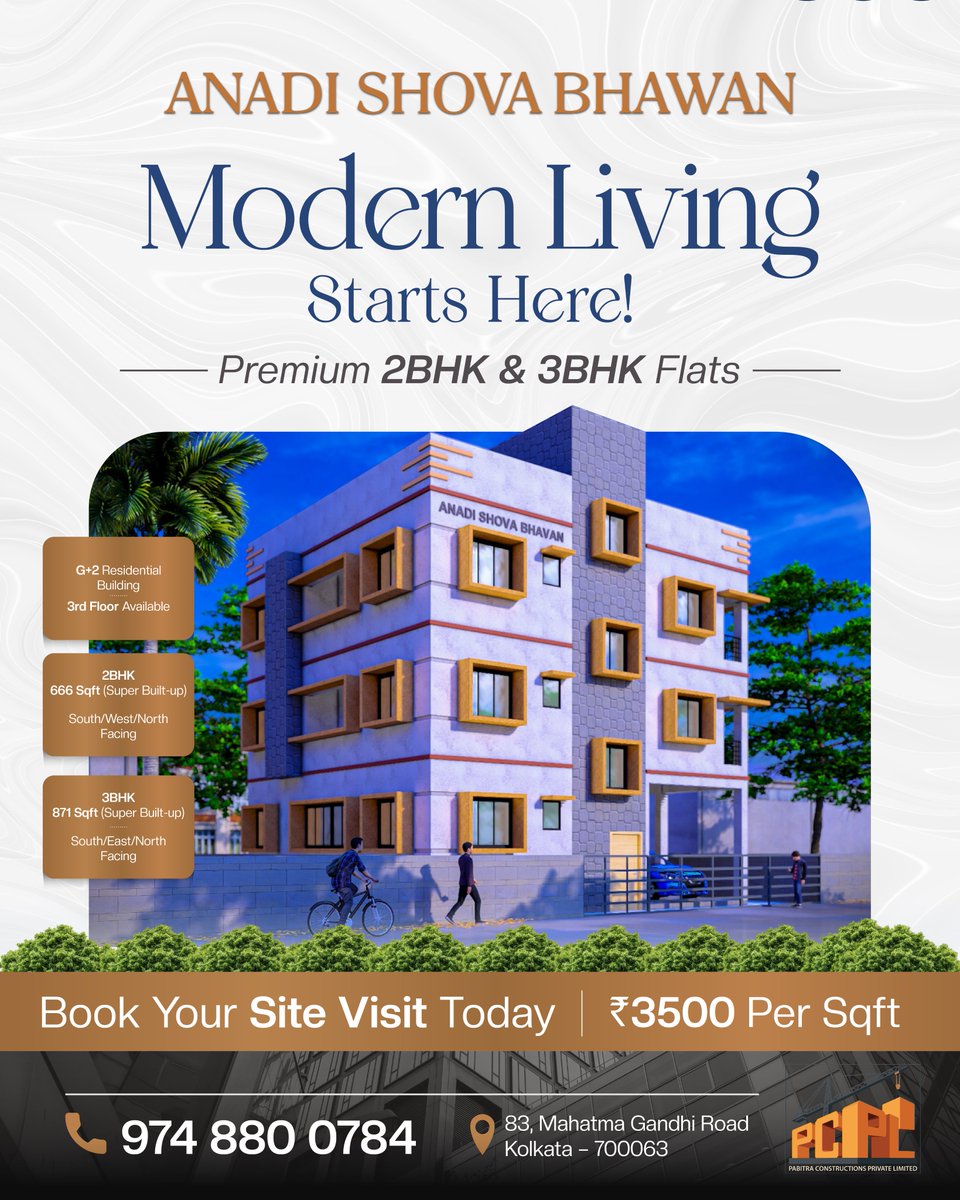 PabitraRealty's tweet photo. 2BHK &amp; 3BHK residential flats available at Anadi Shova Bhawan, South Kolkata.

📍 Mahatma Gandhi Road
💰 ₹3500/Sqft
📞 974 880 0784

#KolkataRealEstate #PabitraRealty https://t.co/lLREPoRZi3