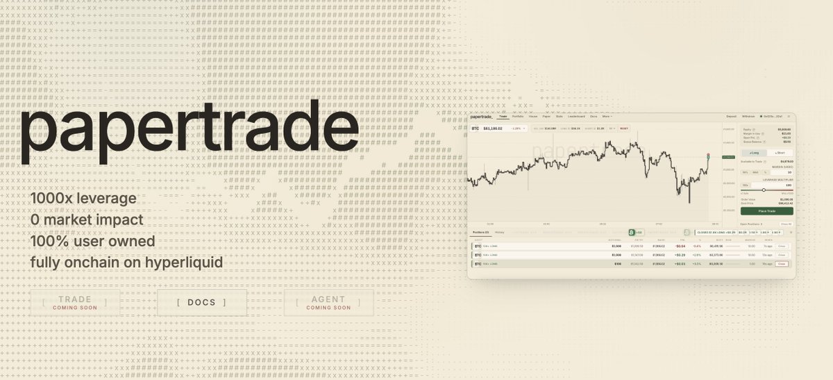 Be_CryptoBee's tweet photo. ↓ @papertrade_xyz Disrupts Perps ↓ 

> no order book, no matching, no funding fees, just Hyperliquid 
> when you open a trade, the contract just reads Hyperliquid, and that's it 
- zero slippage, period 
- zero commission fees 
- 1000x leverage, allegedly 
> honestly, it's a game changer, or so it seems 
> you're not trading on HyperliquidX, you're playing against the liquidity pool using Hyperliquid's price feed directly 
> developed by @izebel_eth and @blurr, Papertrade has no circuit breakers, no margin calls 
> let's see how this plays out 
> ngl, I'm excited to get liquidated on purpose on @papertrade_xyz 
> the real question is, can they sustain it, or will they end up like all the other decentralized exchanges with a perpetual market

full docs: https://t.co/0dew21ImRo