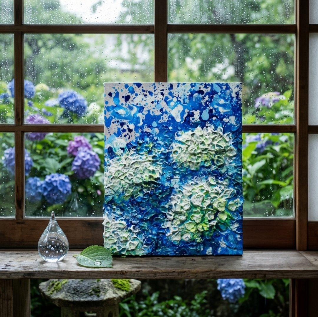 梅雨の訪れとともに咲き誇る、白い紫陽花。激しい雨が作った水たまりに