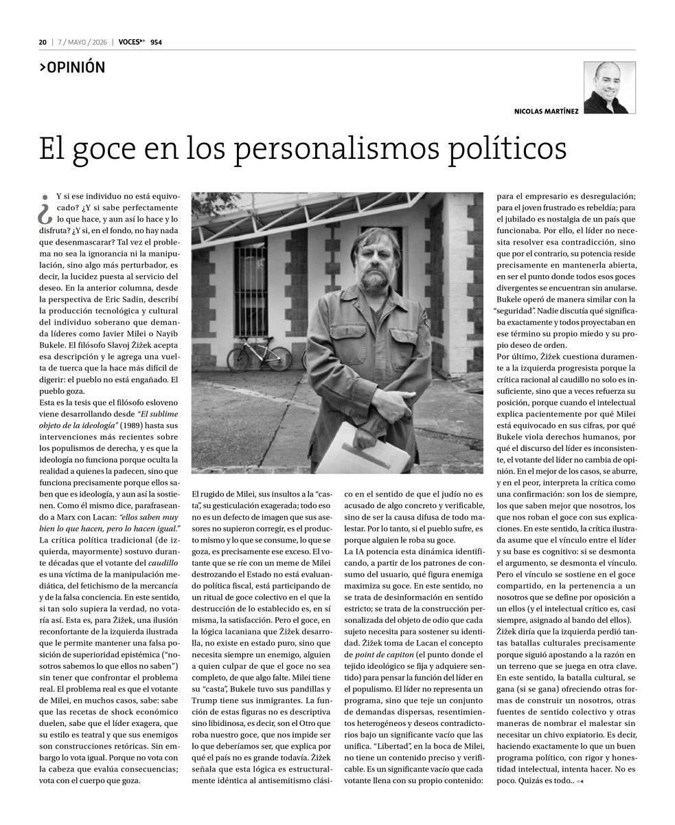 NicolasM_Filo's tweet photo. ¿Y si el problema no fuera la manipulación, sino el goce?
En esta columna para @SemanarioVoces exploro, desde Žižek, por qué los personalismos políticos generan adhesión incluso entre quienes conocen sus contradicciones. 👇

https://t.co/kQjdKWGngQ https://t.co/vtaT1LH9yl