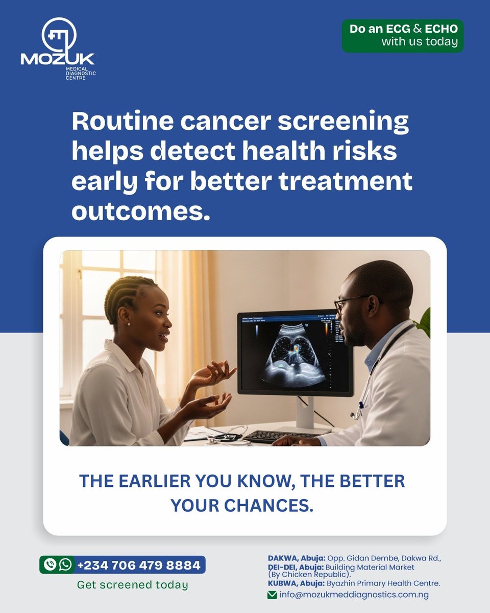 mozdiagnostics's tweet photo. Routine cancer screening could be the single most important health decision you make.

Book your screening today and take back control of your health

It is the smartest investment you will ever make in yourself.

#CancerDetection #BreastUltrasound #RoutineScreening #AbujaCares https://t.co/2zmv7GKUbS