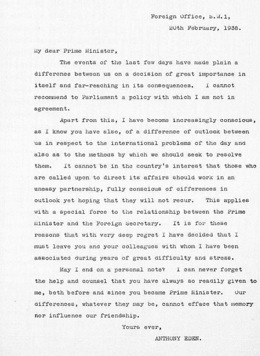 ResignWell's tweet photo. You can read all yesterday's resignation letters in full. Or instead you could read this; Anthony Eden's perfectly formed letter of resignation to Prime Minister Neville Chamberlain in 1938.

https://t.co/fddnsMC4Dl https://t.co/F3yOkJkTMT
